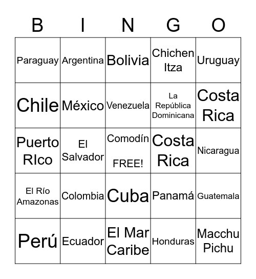 Los Países de Latinoamérica de habla hispana y lugares importantes Bingo Card