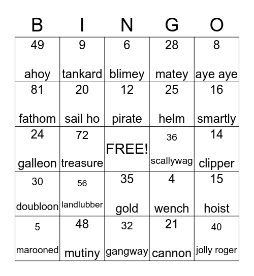 Pirate Bingo Card