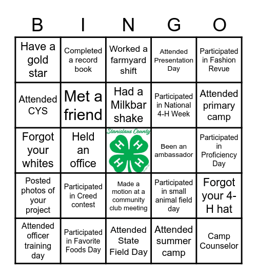 Stanislaus County 4-H Bingo Card