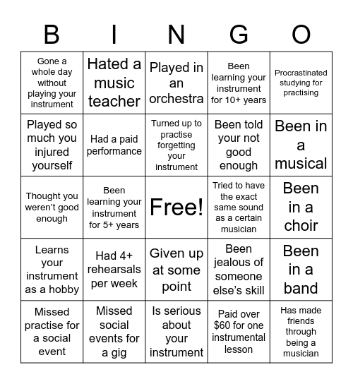 Musician Bingo Card