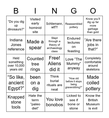 Archaeology Student Bingo Card