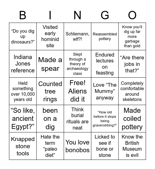 Archaeology Student Bingo Card