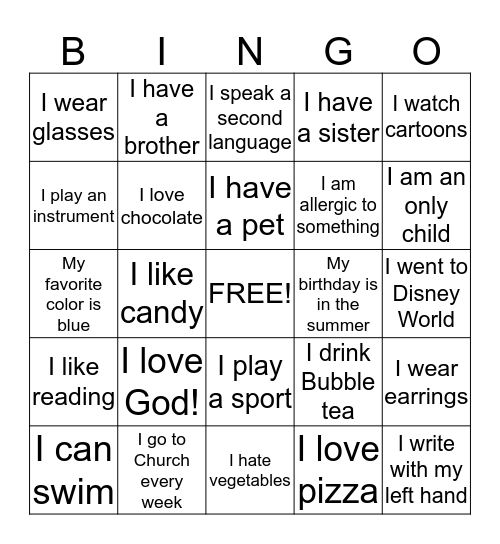 Sunday School Bingo  Bingo Card