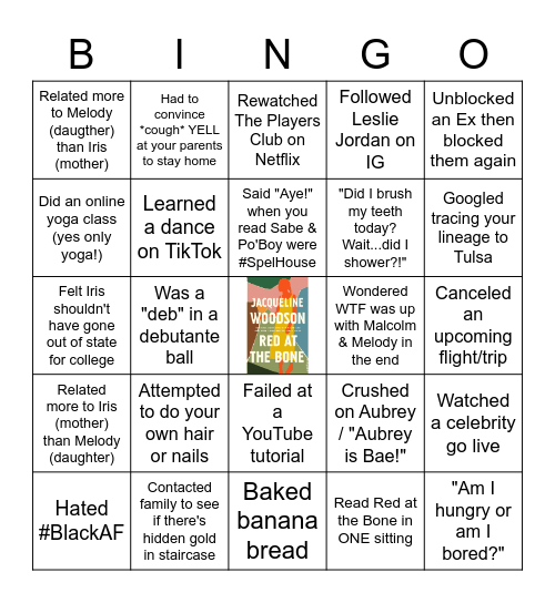 Boozy Book Club: Red at the Bone Bingo Card