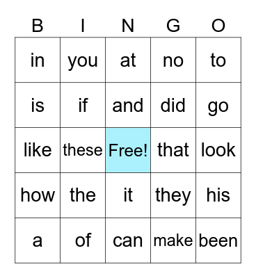 Sight Words BINGO Card