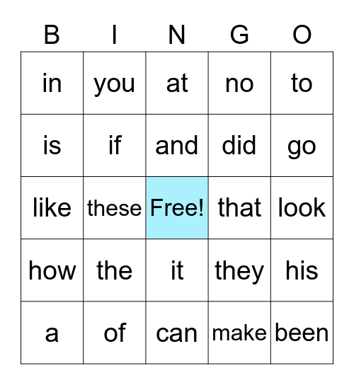 Sight Words BINGO Card