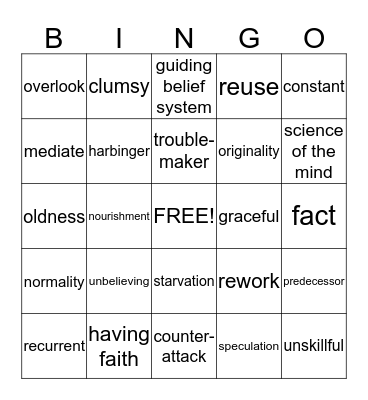 Vocabulary Unit 1 Bingo Card