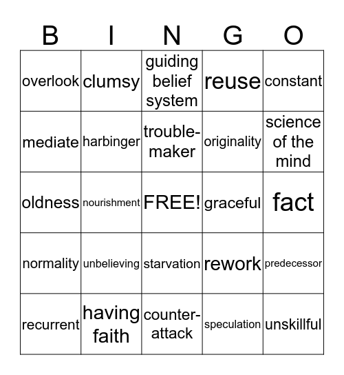 Vocabulary Unit 1 Bingo Card