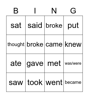 Irregular Verbs Starter Bingo Card