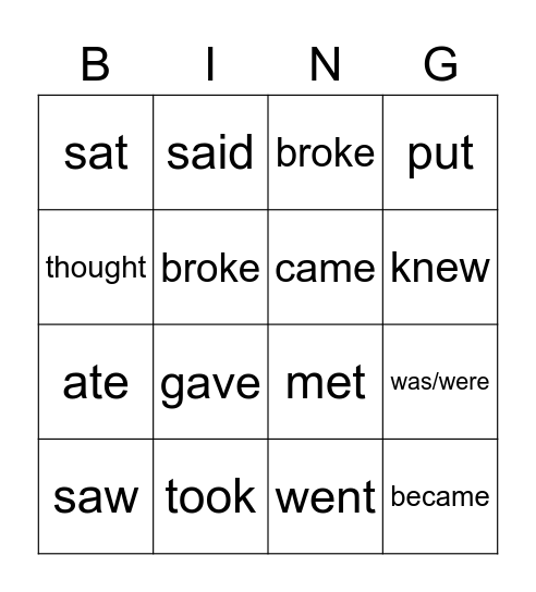 Irregular Verbs Starter Bingo Card