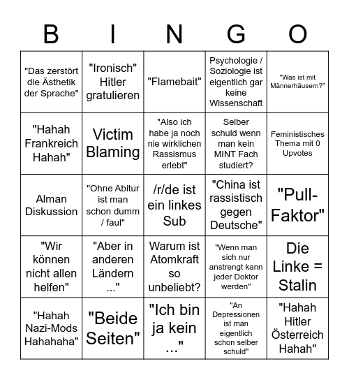 r/de Bingo Card