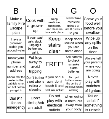 Safety At Home Bingo Card