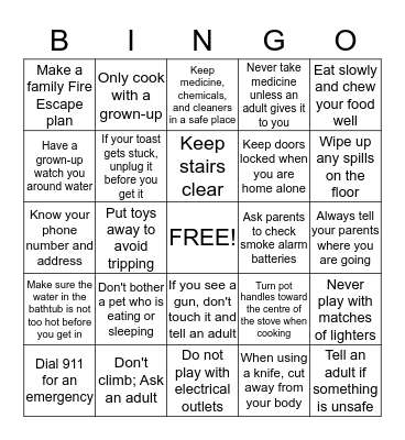 Safety At Home Bingo Card