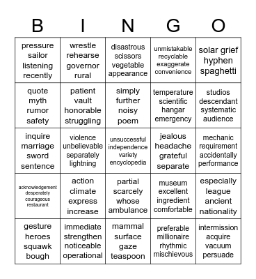 Grade 6 Word Bingo Card