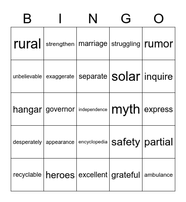 Grade 6 Word Bingo Card