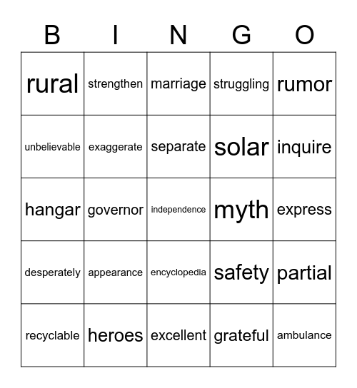 Grade 6 Word Bingo Card