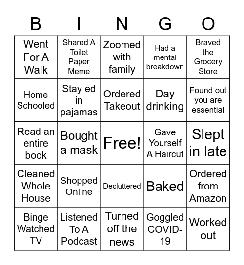 Quarantine Bingo Card