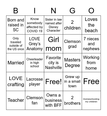 All About Katherine Bingo Card