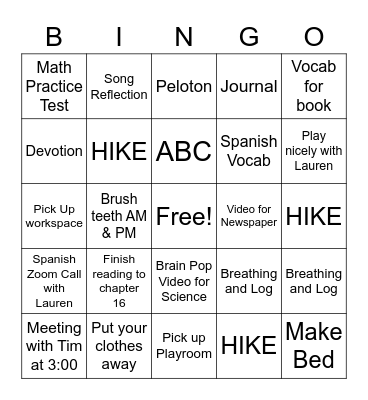 Wednesday Bingo Card