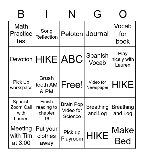 Wednesday Bingo Card