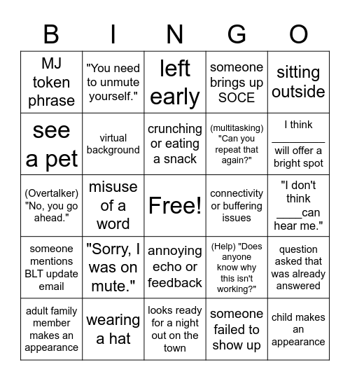 Zooming Bingo Card