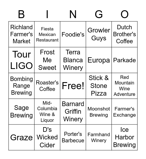 Tricities, WA BINGO! Bingo Card