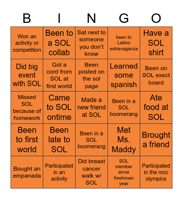 S🌞L Bingo Card