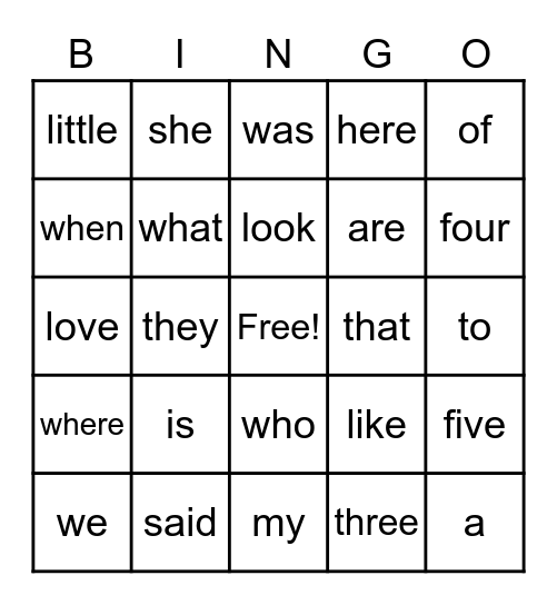 Popcorn Word Bingo Card