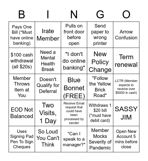Covid Credit Union BINGO! Bingo Card