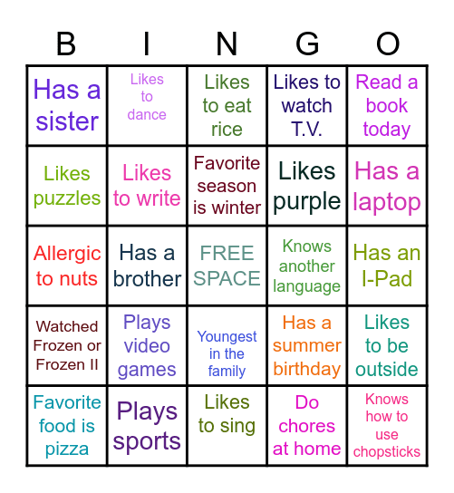 About Me! Bingo Card
