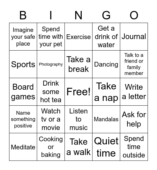 Super Fun Coping Skill BINGO Card