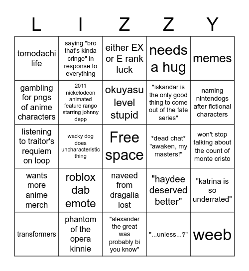 lizzy bingo (bruh edition) Bingo Card