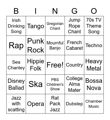 Music Genre Bingo Card
