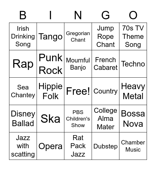 Music Genre Bingo Card