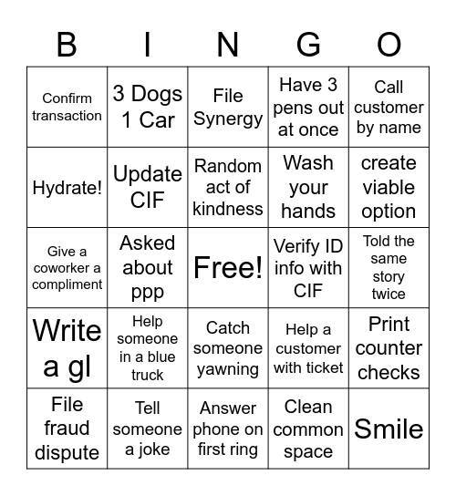 Bankers Bingo Card