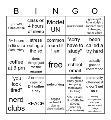 5th Former Overachiever Bingo Card