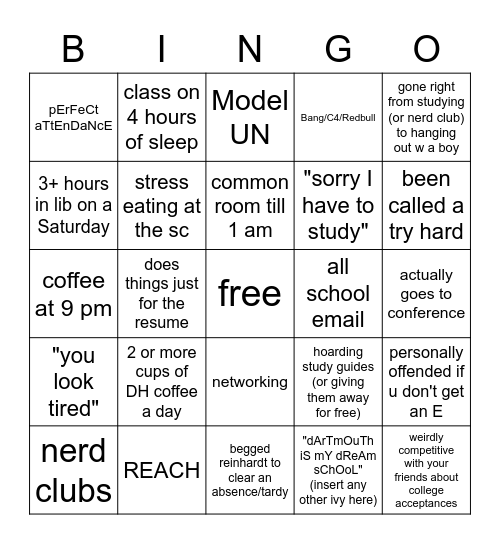 5th Former Overachiever Bingo Card