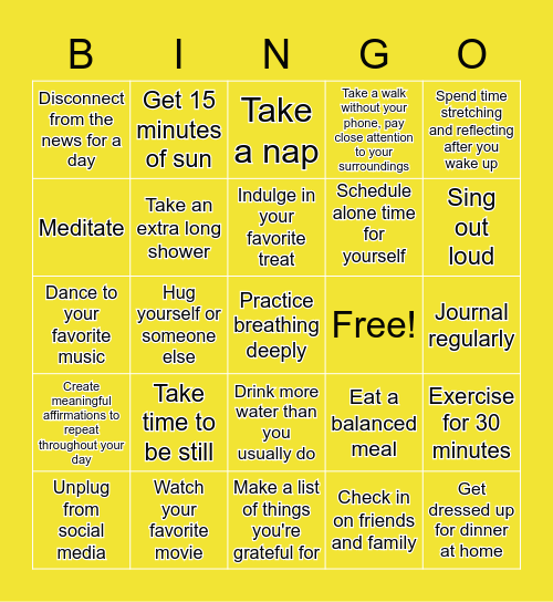 Weekly Self-Care Bingo! Bingo Card