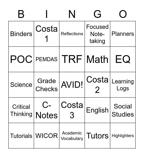 AVID Bingo!! Bingo Card