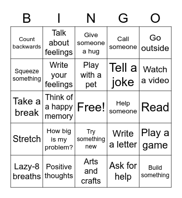 Coping Activities Bingo Card