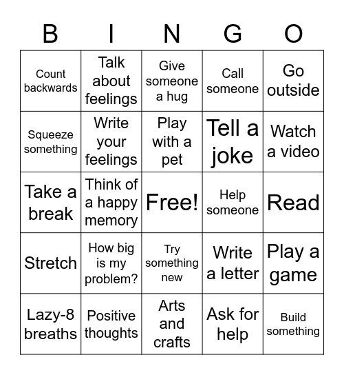 Coping Activities Bingo Card