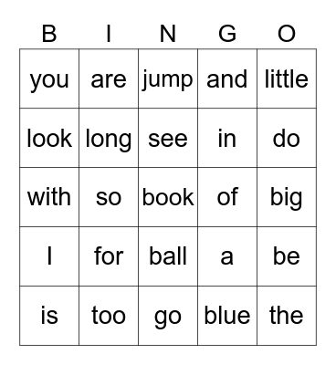 Sight Words Bingo Card