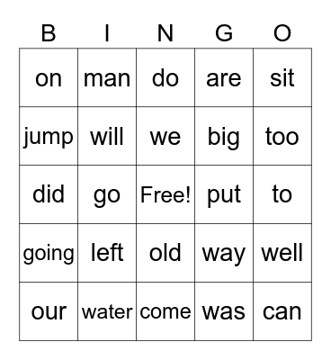 Sight Words Bingo Card