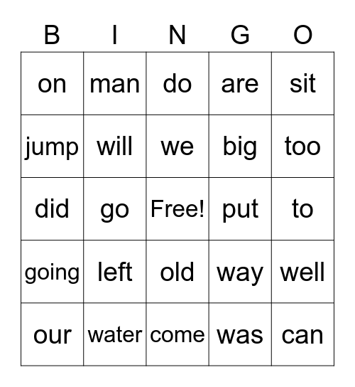 Sight Words Bingo Card