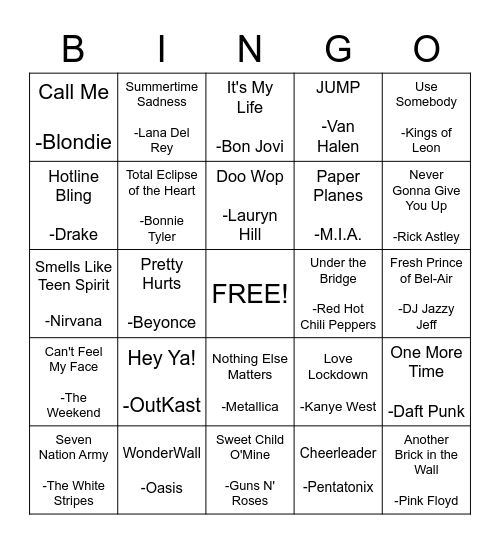 Name That Tune Bingo! Bingo Card