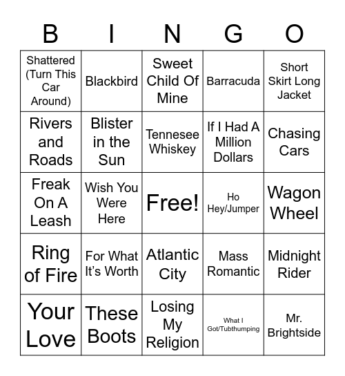 The Recover Band Bingo Card