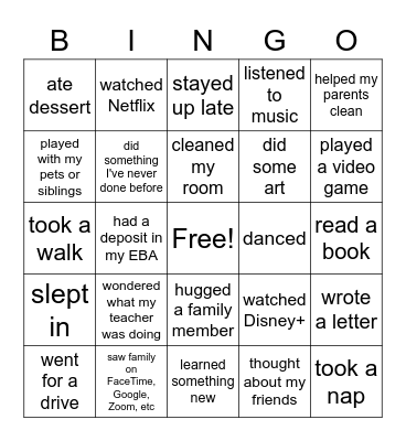 Spring Break Bingo Card