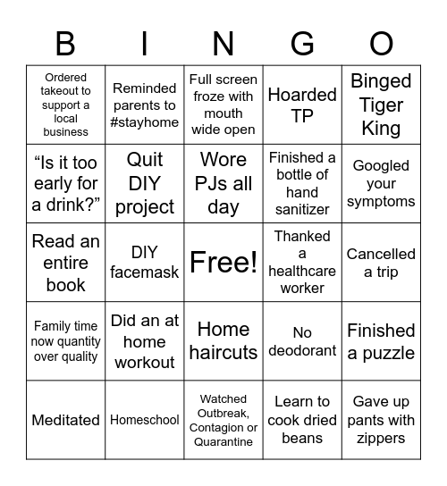 Quarantine Bingo Card
