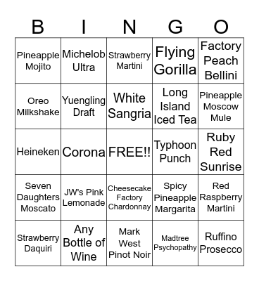 Bar Bingo Card