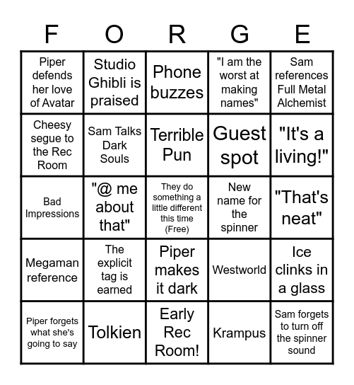 World Forge Bingo Card